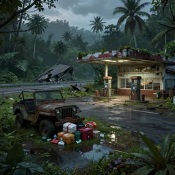 in the evening, in the style of the last of us : part 2, a gas station that has been forgotten for many years in the tropical rain forest, a collapsed highway, a rusty jeep, and rescue supplies are piled up beside it. everything is covered by vegetation. by sergey vasnev and jan urschel, matte painting, real lighting, ponding