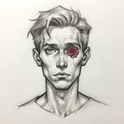 A drawing of a man in his mid-30's with a rose for an eye, drawn, sketch, dungeons and dragons, slender facial features, gaunt, quiet