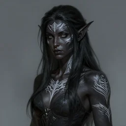 portrait of a feminine male dark elf, dark ebony obsidian skin, white tatoo, long hair, fantasy, elegant, intricate, highly detailed, digital painting, artstation, concept art, sharp focus, illustration
