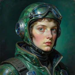 baroque neoclassicist close - up portrait of a neofuturistic cyberpunk fighter pilot. iridescent textures. deep green and blue. highly detailed science fiction painting by norman rockwell, frank frazetta, and syd mead. rich colors, high contrast, gloomy atmosphere. trending on artstation and behance.