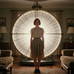 backlit photograph of young woman, standing in front of powerful dazzling orgone accumulator in 1 9 3 0's suburban living room, hyper realisit, octane render, crisp focus, highly detailed, in roger deakins style, 3 5 mm ektachrome, ultra sharp