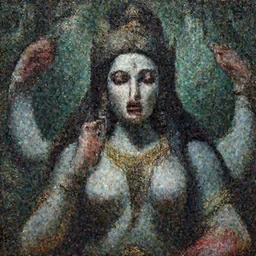 A crying closeup portrait of the majestic colossal Hindu demon goddess of sorrow, grief and despair, standing in the forest of misery, by Paul Lehr, by Wayne Barlowe, by Bruce Pennington, by Zdzisław Beksiński, oil on canvas, masterpiece, trending on artstation, featured on pixiv, cinematic composition, astrophotography, dramatic pose, beautiful lighting, sharp, details, details, details, hyper-detailed, no frames, 8K