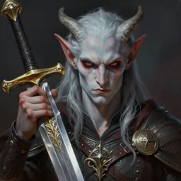 an close up oil art portrait of young handsome pale pan, grim dark satyr warrior from gwent cards, gipsy blood mage with great sword character design from inquisition, 4 k, ultra detail, volumetric lighting, unreal engine, octane render