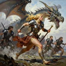 An oil painting of a beautiful blonde viking woman sprinting into battle, plate armor, by Frank Frazetta, Greg Rutkowski, Boris Vallejo, Neal Hanson, Christian MacNevin, epic fantasy character art, goddess of war, high fantasy, Exquisite detail, post-processing, low angle, masterpiece, cinematic, colossal dragon as background