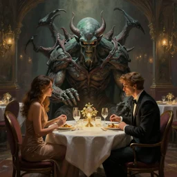 a beautiful painting of cthulu dining at a fancy restaurant sitting across the table from a blind date | unreal engine :. 4 | global illumination, radiant soft light, detailed, intricate :. 6