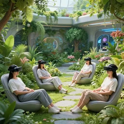 a holodeck garden, beautiful and lush, with people lounging in chairs wearing vr headsets and eeg caps, wonderfully zen atmosphere, digital concept art, octane render 1 6 k, incredible masterpiece, futuristic and amazing