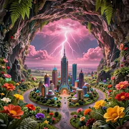 a ultra - realistic massive volume cave with bright coloured natural flowers and ferns : 4, a miniature tiny futuristic city : 5, overlooking an endless plain with pink lightning clouds : 4, highly symmetrical, balanced, octane render, in the style of sahm : 3 hd, 4 k, ultra - realistic, in unreal engine