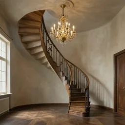 a room with a spiral staircase and chandelier, a detailed matte painting by jang seung - eop, cgsociety, magic realism, rendered in unreal engine, unreal engine 5, unreal engine
