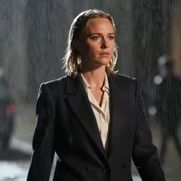 A close-up, color outdoor film still of a Alicia Amanda Vikander walking in heavy rain, dynamic backlighting at night, from Blade Runner(1982).