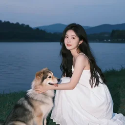 a beautiful girl with a beautiful face wearing white dress, a dog, john martin landscape, lake, evening