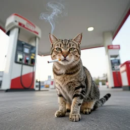 cat smoking a cigarette in the gas station wide angle lens