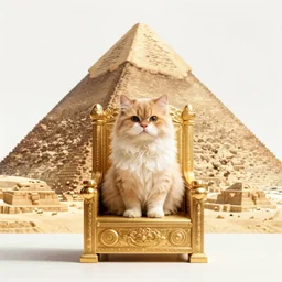 a fluffy cat sitting on a throne inside the pyramid of giza