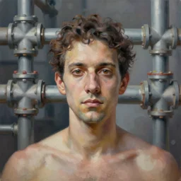 intricate character study by ( joseph noel paton ), upper body portrait, metzel forouhar in front of a complex plumbing pipe network, digital painting, oil on canvas, depth of field, global illumination, 8 k, bokeh