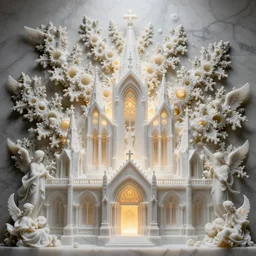 a beautiful 3 d carving of a sprawling intricate mandelbrot fractal cathedral populated by fractals by android jones, carved soap, white color scheme, unreal engine, volumetric lighting, dynamic lighting, bright, dramatic lighting, high contrast, depth of field, carved marble, opalescent, sacred geometry, religious, angelic, catholicpunk, stark, trending on artstation