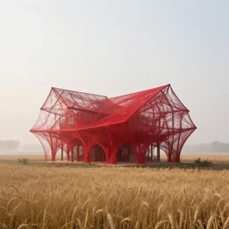 a parametric deconstructivism architecture farmhouse made of ethereal red thread and webs. the farmhouse stands in an rural american landscape with fields of wheat. designed by zaha hadid, foggy at dawn