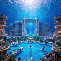 interior huge clean architecture, bright blue, digital art, royal atlantis underwater palace, a lot of lights and people, magical fantasy and vibrant, olympics, trending on artstation