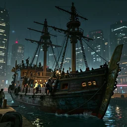 a pirate ship pulls into the port of night city cyberpunk 2077, close up, hyper realistic, cinematic, high energy.