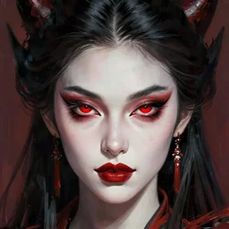 attractive demon queen with red eyes painting by gaston bussiere, craig mullins, luis rollo, close - up portrait, digital painting, highly detailed, artstation, sharp focus, illustration, concept art, full hd