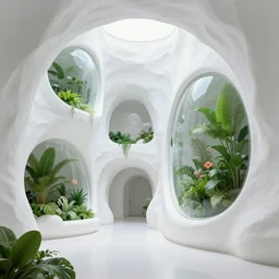 smooth white futuristic cave architecture, spherical glass windows, lush green plants and flowers, waterfalls, photorealistic, hyper - realistic, octane render, unreal engine, 4 k, 8 k