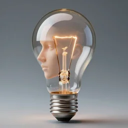“A lightbulb with a hyper realistic human head filing the entire inside the glass”