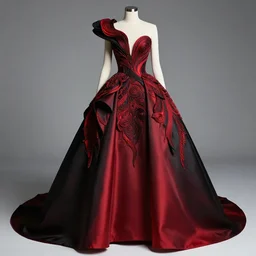 black & red, silk, A full-length haute couture dress with avant garde design and highly detailed craftmanship, mesmorising, glowing