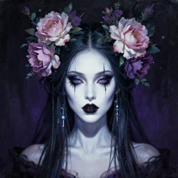 A painting of a woman with white makeup and flowers on her head, cyberpunk art by Tom Bagshaw, Deviantart, gothic art, wiccan