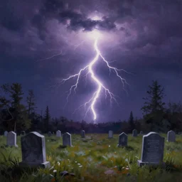 lightning above cemetery, airbrush painting