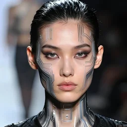 close up of face of a model who walks down the runway at a fashion show, cyberpunk art by thierry mugler, trending on tumblr, retrofuturism, circuitry, futuristic, sci - fi