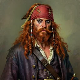 a detailed painting of a drunken pirate with a big ginger beard and a large moustache, ginger hair, ugly, bags under his eyes, dark eyes, he wears a big coat, scruffy. character concept art. fashion. dnd. trending on artstation.