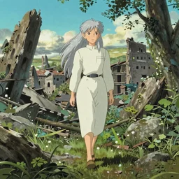 A silver-haired elf strolling through the remains of a city reclaimed by nature, fantasy, surreal, Ilya Kuvshinov face, highly detailed, cel shading, digital painting, anime key visual, artwork by Hayao Miyazaki and Alphonse Mucha
