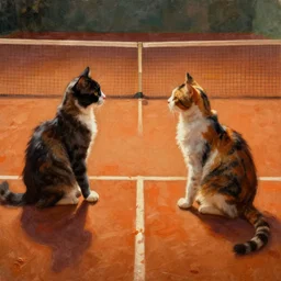 Dvi katės žaidžia stalo tenisą oranžiniame fone, oil painting