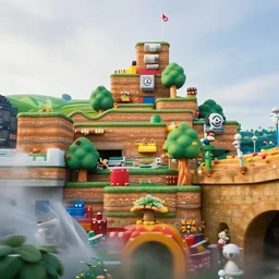 professional photo of landscape similar to first classic level of super mario, with end of level castle, by discovery magazine, real life, photorealistic, soft focus, long exposure