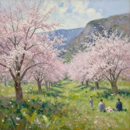 a valley with trees in flower. wind blowing petals. noon. full - length, oil painting in a modern style, very detailed, painted by caravaggio, greg rutkowski, sachin teng, thomas kindkade, enki bilal, tony sandoval, norman rockwell, tom bagshaw.