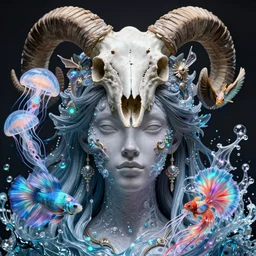 3 d goddess macro close - up portrait wigh crown made of ram skull. betta fish, jellyfish phoenix, bioluminiscent, plasma, ice, water, wind, creature, super intricate ornaments artwork by tooth wu and wlop and beeple and greg rutkowski