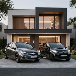 a dark grey 2012 opel astra sports tourer and a black 2015 Citroen c1 in front of a modern luxury house, octane render, 8k