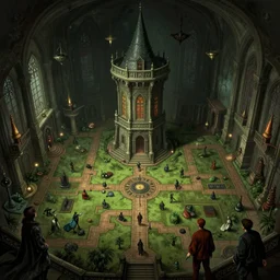 wizards tower interior 2 d rpg retro map surrealist video game by by dave dorman hieronymus bosch, cyril rolando, esher and natalie shau, whimsical, profound, impossible, dark, atmospheric, brooding, digital painting, intricate. profound. wow