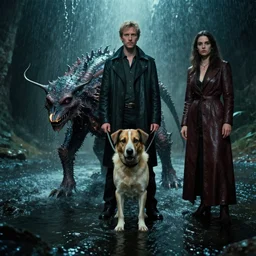 the dog guards the strange creature, water caustics, film still from the movie directed by denis villeneuve and david cronenberg with art direction by h. r. giger and salvador dali, wide lens