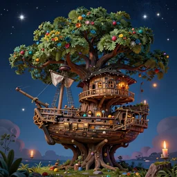 abstract!!, a treehouse made out of a derelict pirate!! ship!!!, the treetops of giant oaks, night, stars, candles, colorfully!!, detailed illustration, digital art, overdetailed art, concept art, highly saturated colors!!!, detailed illustration, hd, 4 k, digital art, cgsociety and beeple highly detailed, cinematic lighting, illustration, art, very coherent. high detail, dan mumford!, greg, rutkowski, trending on artstation