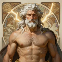 painted portrait of rugged zeus, symmetrical, god of thunder, greek god, white hair, masculine, mature, handsome, upper body, muscular, hairy torso, fantasy, intricate, elegant, highly detailed, digital painting, artstation, concept art, smooth, sharp focus, illustration, art by gaston bussiere and alphonse mucha