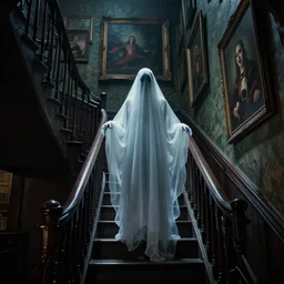 ghostly figure, inside the most haunted house in the world, staircase, paintings on the wall, horror movie, movie still, hdr