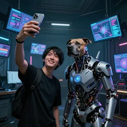 cyborg - pitbull taking a selfie with a fan, surrounded by screens, in 2 0 5 5, y 2 k cybercore, industrial low - light photography, still from a kiyoshi kurosawa movie