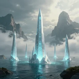 alien oceans in daylight, sharp geometrical glowing monoliths towering from the water, huge mountains in clouds on the background, cinematic lighting, ambient dreamy atmosphere, detailed, by syd mead, john harris, science - fiction