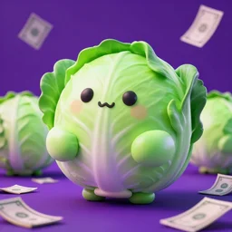 high quality 3 d render very cute cabbages! money everywhere, highly detailed, unreal engine cinematic smooth, moody purple green light, low angle, uhd 8 k