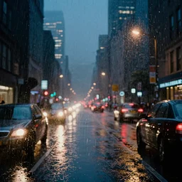 driving rain, view through rain streaked window, rainy night city street, traffic headlights, bustling with people, street lights, neon, reflections, cyberpunk vibe, photographic realism, ridley scott, driving rain, thick atmosphere,