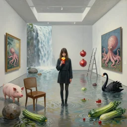 painting of a flooded modern art gallery and a tall emo girl holding french fries, chairs, stone boulder, ladder, art gallery interior, pigs, courgette, waterfall, pomegranates, octopus, zen, black swans, courgettes, berries, surrealist, by magritte and monet