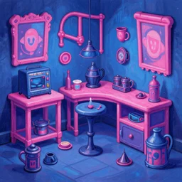 game asset of the sims cyberpunk brewery furniture and decor, in gouache detailed paintings, props, stylized, 2 d sprites, kitbash, arcane, blue and pink color scheme, 8 k, close up