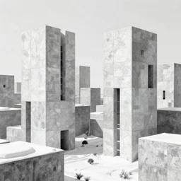 complex and brutalist city made out of white marble and brutalist concrete with snow, black and white photo, abstract experimental architecture, brutalism, brutalist, raw concrete, le corbusier dreaming latent space, concept art. artstation. digital render, award winning architecture, hdrp, ue 4, ue 5, revit, autodesk, autocad