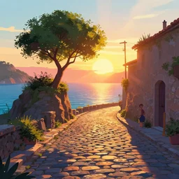 a lonely cobblestone street with a tree on a cliff over the sea at sunset, brightly illuminated by rays of sun, artstation, colorful sylvain sarrailh illustration, by peter chan, day of the tentacle style, low camera