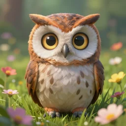 cute friendly owl with beauty eyes appearing in grass flowers, in the style of craola, shallow depth of field, highly detailed, digital painting, trending artstation, concept art, illustration, cinematic lighting, vibrant colors, photorealism, epic, octane render