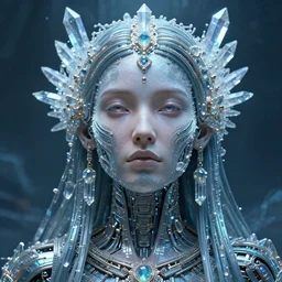 a pfp of a highly lifelike beautiful divine tribal high priestess water with adornments of crystals wide hdr whole infinite capsule apparent with awe an idea seep's into infinity, face axonometric mechanical fantasy intricate elegant, in void of latent space, volumetric lighting h 2 5 6